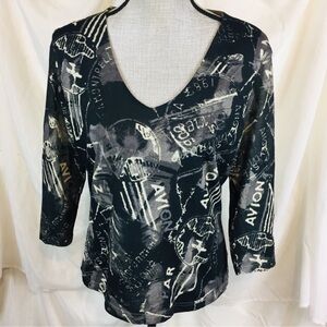 Y2K White Stag Size Large L Travel Themed Blouse Top Black 3/4 Sleeve Stretch